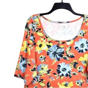 Time and Tru Top Women XXL 2XL 20 Orange Multi Short Elbow Sleeve Floral Tunic